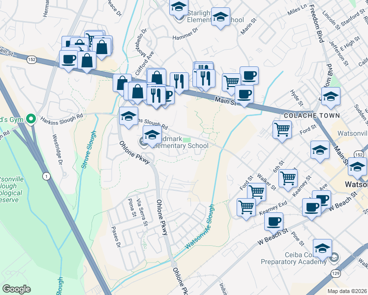 map of restaurants, bars, coffee shops, grocery stores, and more near 76 Vista Pointe Drive in Watsonville