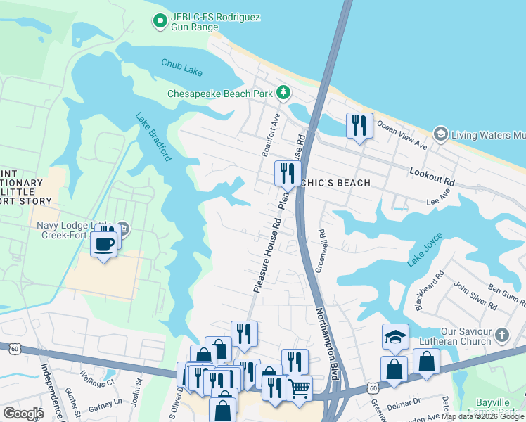 map of restaurants, bars, coffee shops, grocery stores, and more near 2400 Beaufort Avenue in Virginia Beach
