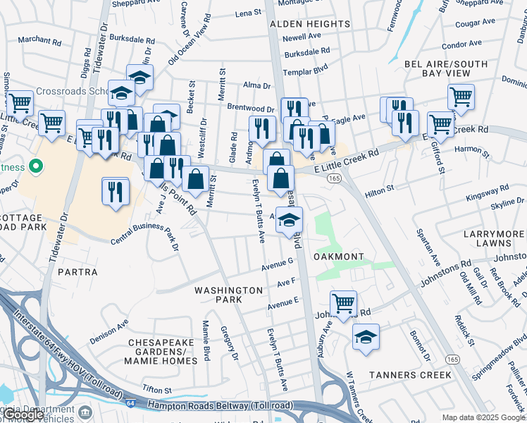 map of restaurants, bars, coffee shops, grocery stores, and more near 7619 Evelyn T Butts Avenue in Norfolk