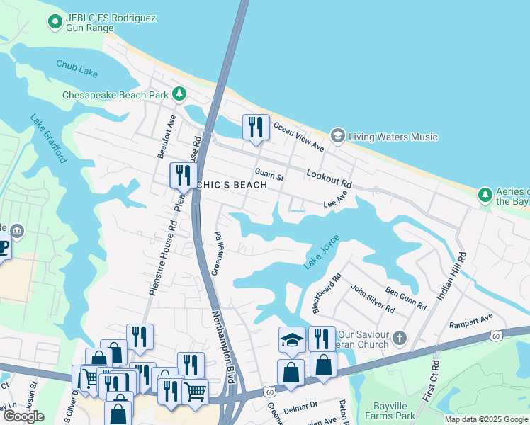 map of restaurants, bars, coffee shops, grocery stores, and more near 4512 Lake Drive in Virginia Beach