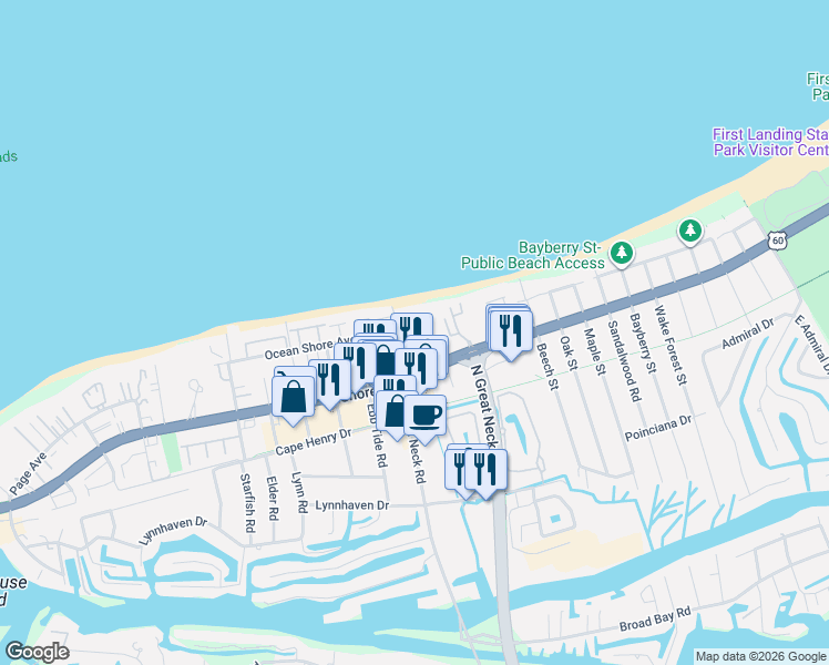 map of restaurants, bars, coffee shops, grocery stores, and more near 2830 Shore Drive in Virginia Beach