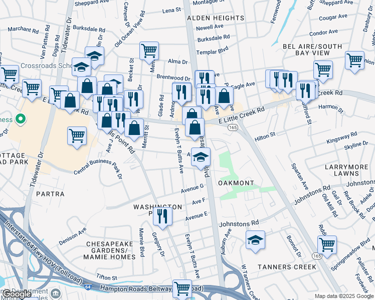 map of restaurants, bars, coffee shops, grocery stores, and more near 962 Avenue I in Norfolk