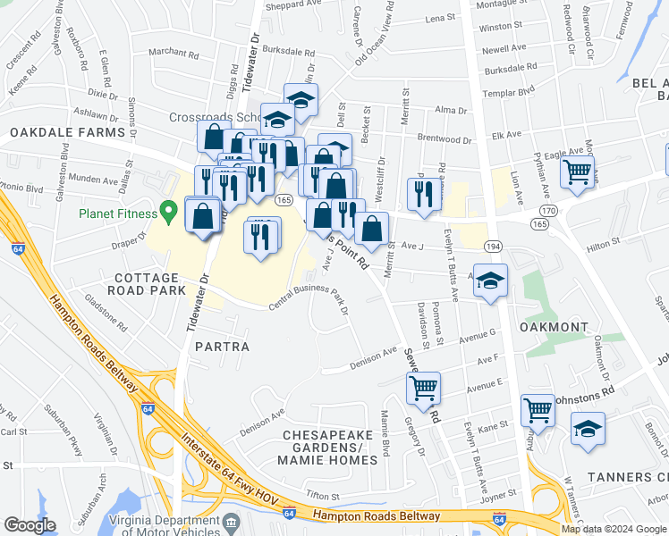 map of restaurants, bars, coffee shops, grocery stores, and more near 7520 Avenue J in Norfolk