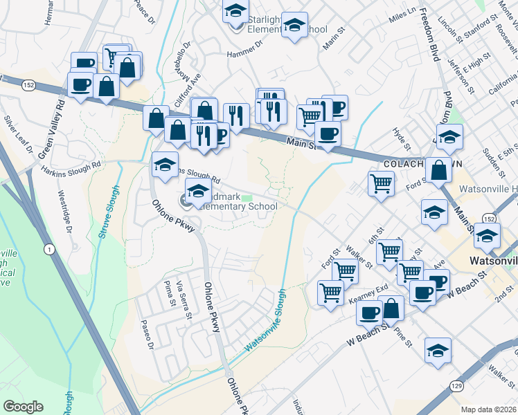 map of restaurants, bars, coffee shops, grocery stores, and more near 34 Blackbird Circle in Watsonville