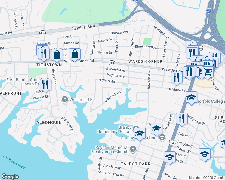map of restaurants, bars, coffee shops, grocery stores, and more near 515 North Shore Road in Norfolk