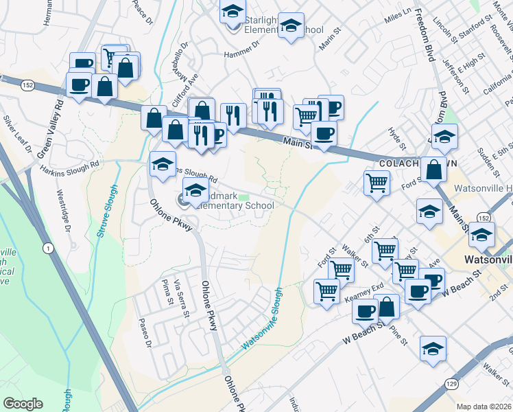 map of restaurants, bars, coffee shops, grocery stores, and more near 34 Blackbird Circle in Watsonville