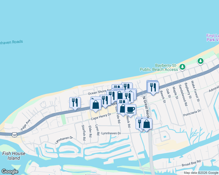 map of restaurants, bars, coffee shops, grocery stores, and more near 2413 Whaler Court in Virginia Beach