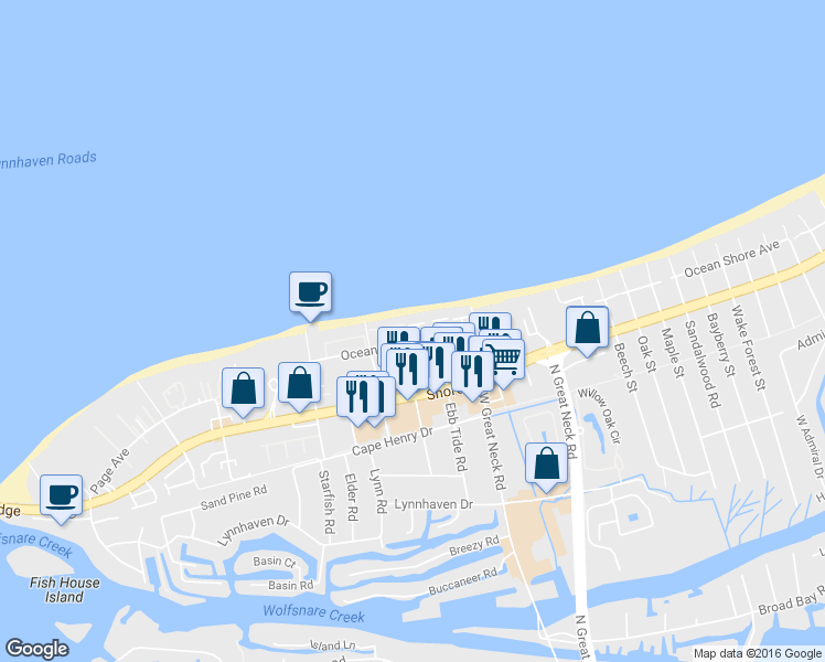 map of restaurants, bars, coffee shops, grocery stores, and more near 2413 Whaler Court in Virginia Beach