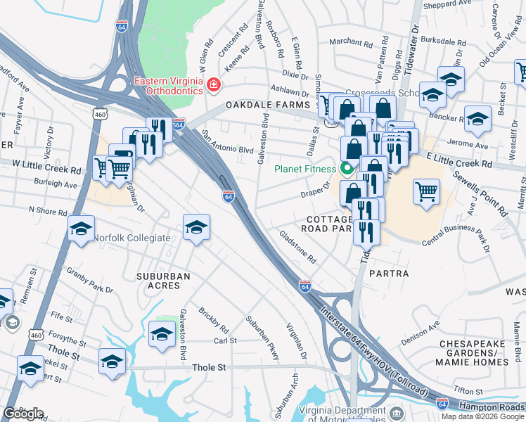 map of restaurants, bars, coffee shops, grocery stores, and more near 410 Draper Drive in Norfolk