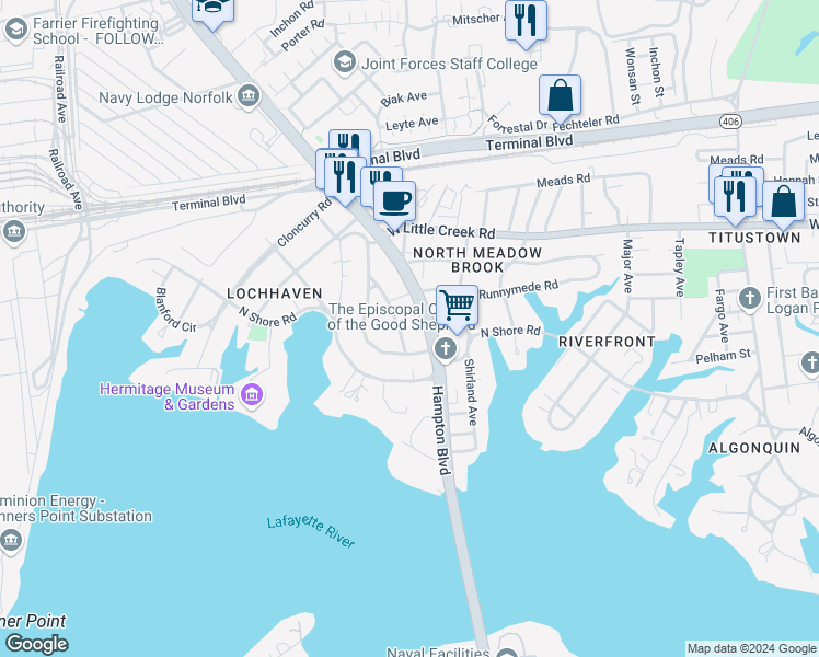 map of restaurants, bars, coffee shops, grocery stores, and more near 7410 Muirfield Road in Norfolk