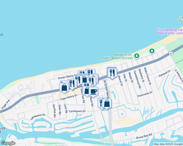 map of restaurants, bars, coffee shops, grocery stores, and more near 2830 Shore Drive in Virginia Beach