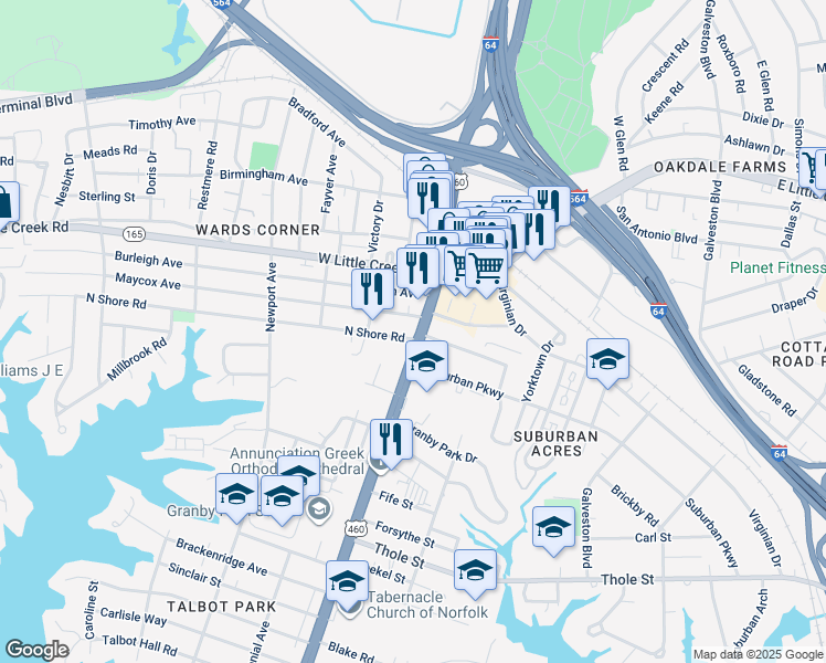 map of restaurants, bars, coffee shops, grocery stores, and more near 7501 Granby Street in Norfolk