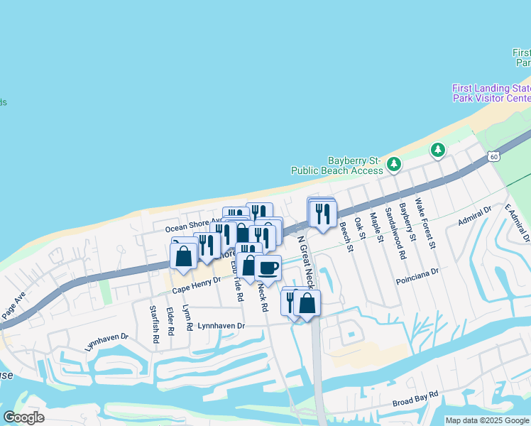 map of restaurants, bars, coffee shops, grocery stores, and more near 2830 Shore Drive in Virginia Beach