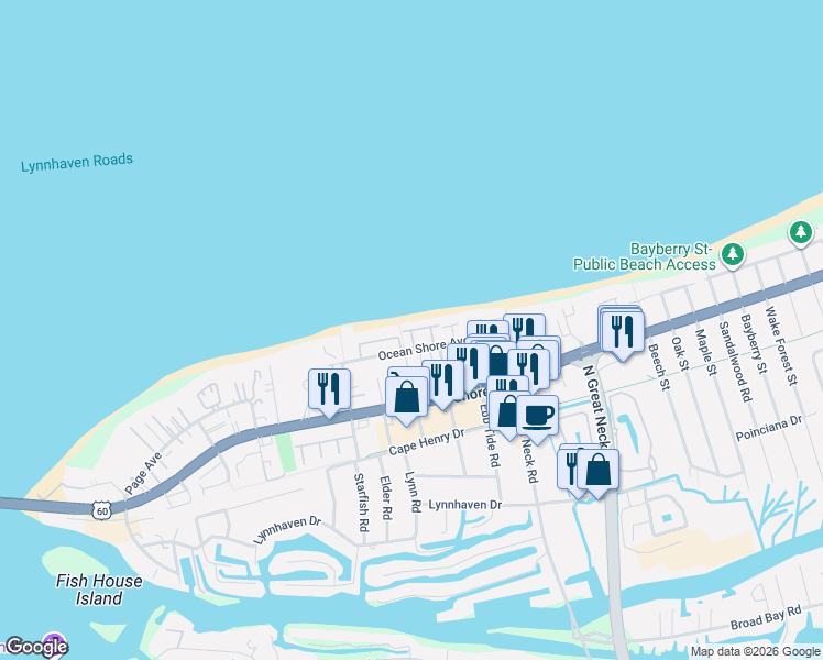 map of restaurants, bars, coffee shops, grocery stores, and more near 2536 Ships Watch Court in Virginia Beach