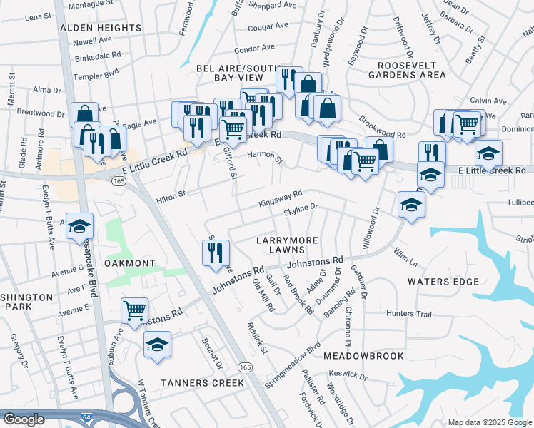 map of restaurants, bars, coffee shops, grocery stores, and more near 1644 Skyline Drive in Norfolk