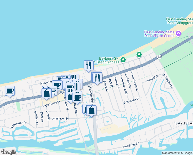 map of restaurants, bars, coffee shops, grocery stores, and more near 2307 Beech Street in Virginia Beach