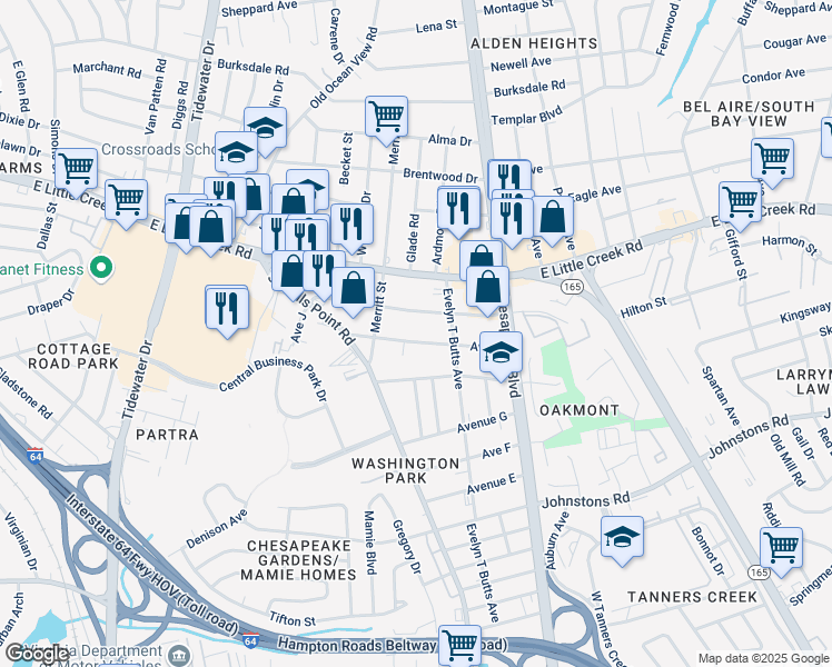 map of restaurants, bars, coffee shops, grocery stores, and more near 921 Avenue J in Norfolk