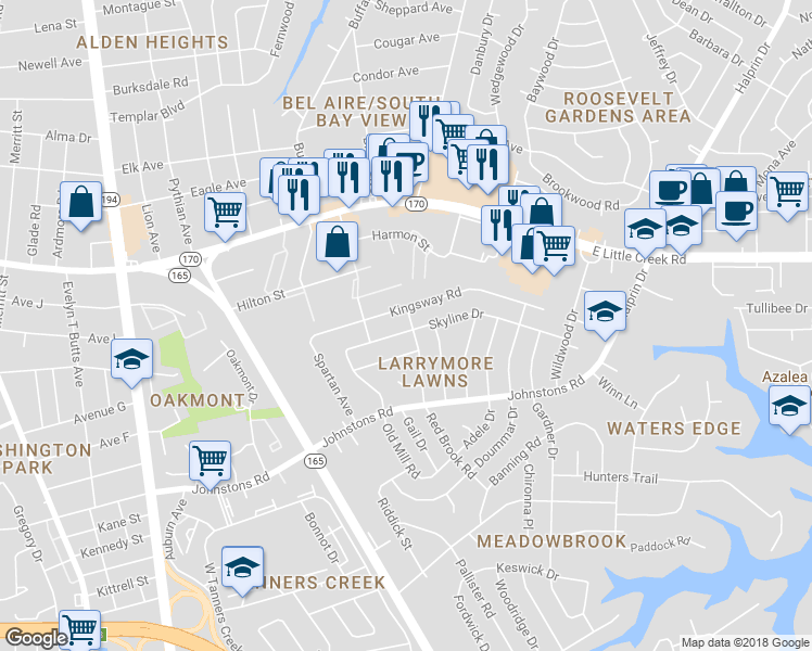 map of restaurants, bars, coffee shops, grocery stores, and more near 1644 Skyline Drive in Norfolk