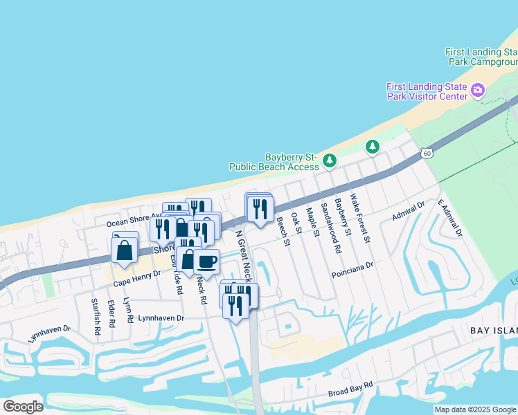 map of restaurants, bars, coffee shops, grocery stores, and more near 2307 Beech Street in Virginia Beach
