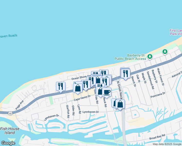 map of restaurants, bars, coffee shops, grocery stores, and more near 2410 Ketch Court in Virginia Beach