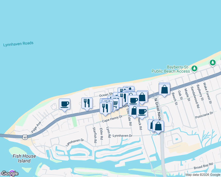 map of restaurants, bars, coffee shops, grocery stores, and more near 2536 Ships Watch Court in Virginia Beach