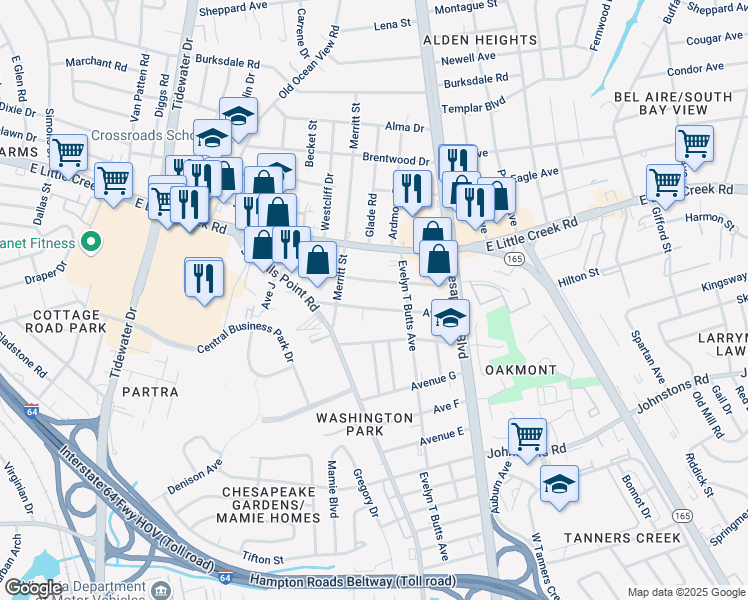 map of restaurants, bars, coffee shops, grocery stores, and more near 921 Avenue J in Norfolk