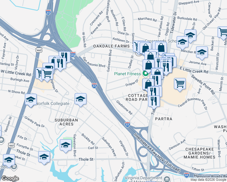 map of restaurants, bars, coffee shops, grocery stores, and more near 410 Draper Drive in Norfolk