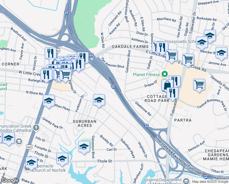 map of restaurants, bars, coffee shops, grocery stores, and more near 7539 Owens Road in Norfolk