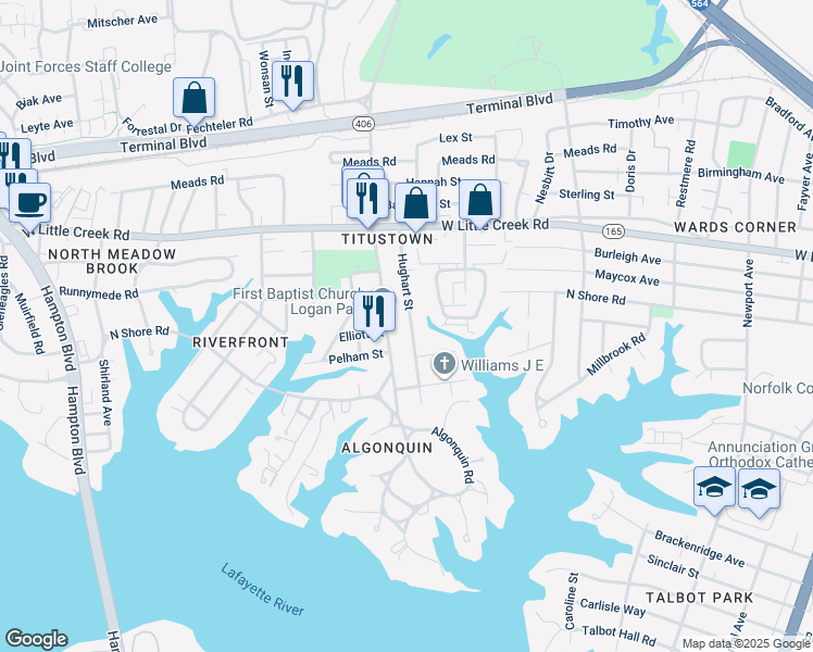 map of restaurants, bars, coffee shops, grocery stores, and more near 7479 Hughart Street in Norfolk