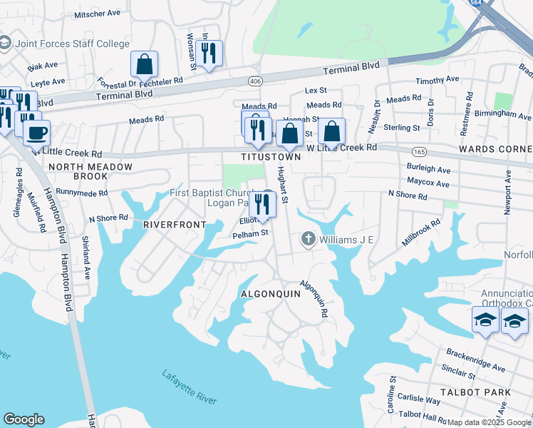 map of restaurants, bars, coffee shops, grocery stores, and more near 7483 Diven Street in Norfolk