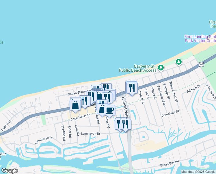 map of restaurants, bars, coffee shops, grocery stores, and more near 2830 Shore Drive in Virginia Beach