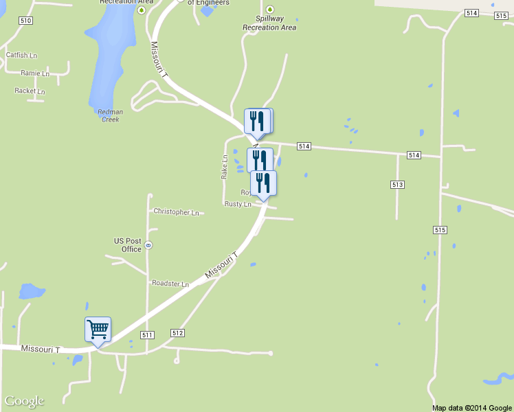 map of restaurants, bars, coffee shops, grocery stores, and more near 172 Rusty Lane in Wappapello