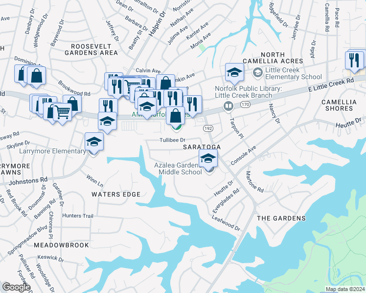map of restaurants, bars, coffee shops, grocery stores, and more near 2446 Jasper Court in Norfolk