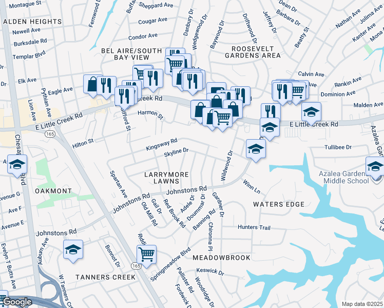 map of restaurants, bars, coffee shops, grocery stores, and more near 1737 Skyline Drive in Norfolk