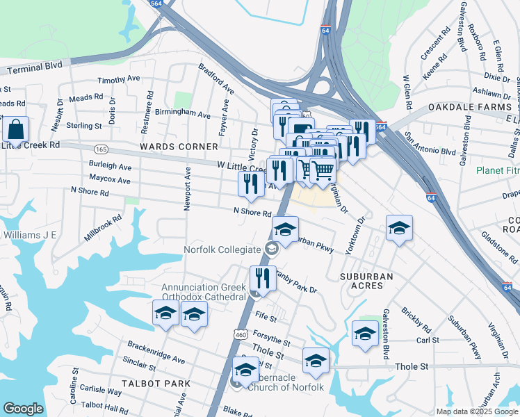 map of restaurants, bars, coffee shops, grocery stores, and more near 114 North Shore Road in Norfolk