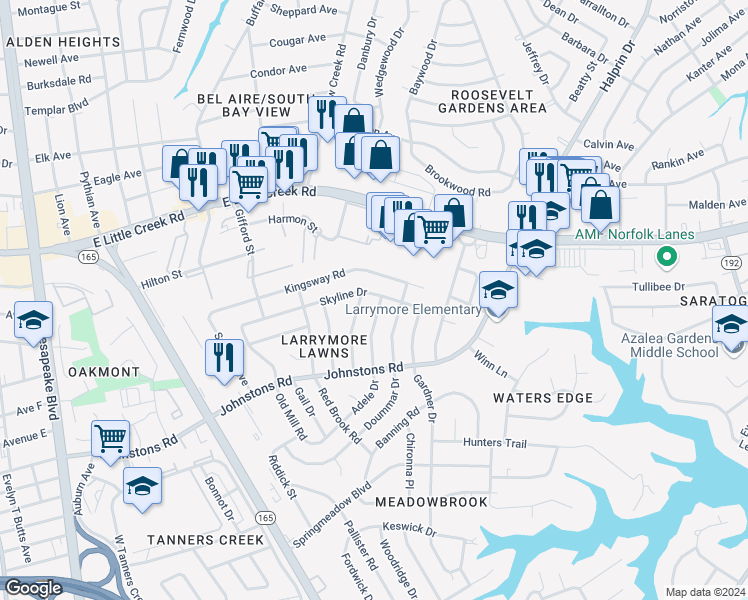 map of restaurants, bars, coffee shops, grocery stores, and more near 1737 Skyline Drive in Norfolk