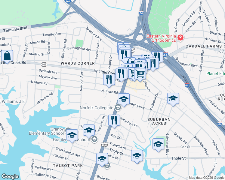 map of restaurants, bars, coffee shops, grocery stores, and more near 123 Maycox Avenue in Norfolk