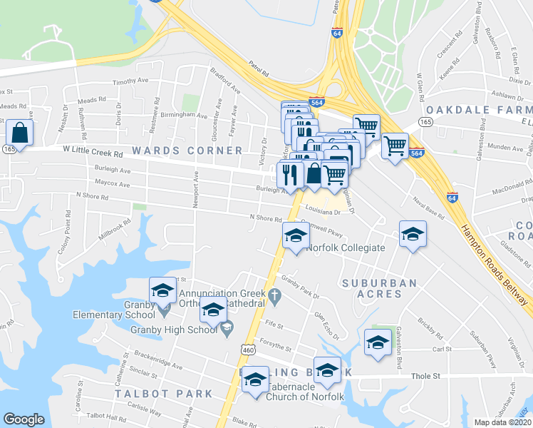 map of restaurants, bars, coffee shops, grocery stores, and more near 123 Maycox Avenue in Norfolk