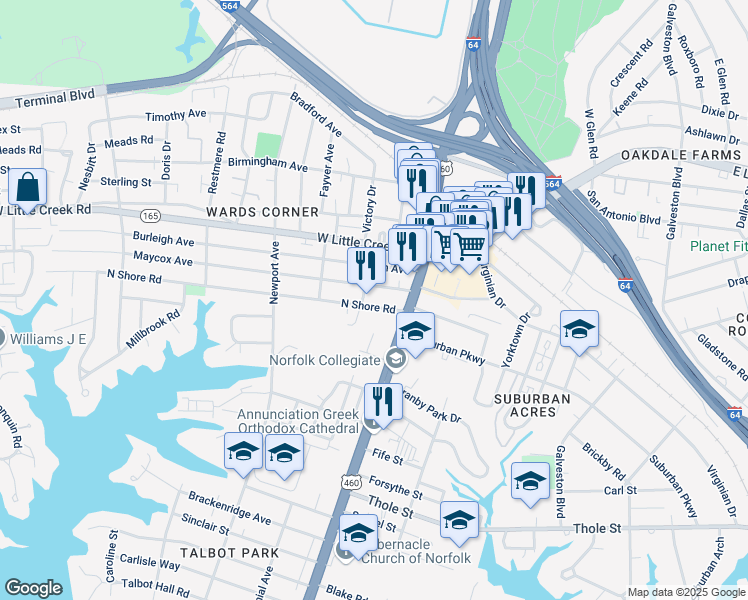 map of restaurants, bars, coffee shops, grocery stores, and more near 123 Maycox Avenue in Norfolk