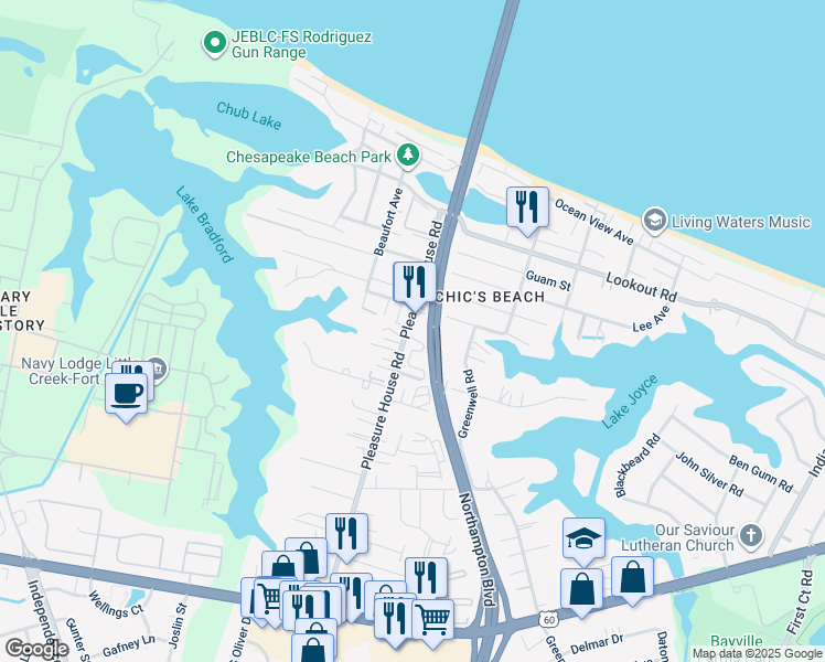map of restaurants, bars, coffee shops, grocery stores, and more near 2440 Pleasure House Road in Virginia Beach