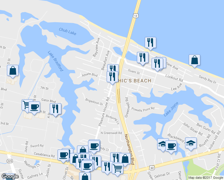 map of restaurants, bars, coffee shops, grocery stores, and more near 2440 Pleasure House Road in Virginia Beach