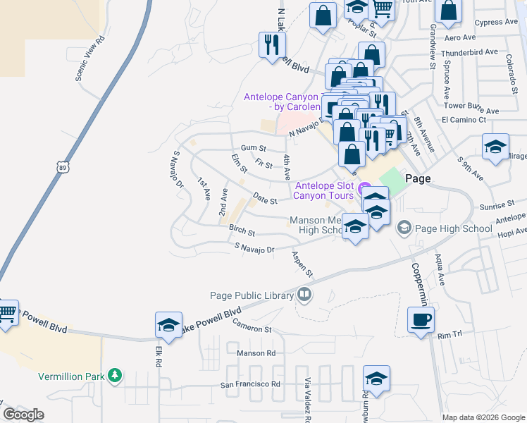 map of restaurants, bars, coffee shops, grocery stores, and more near 312 Date Street in Page