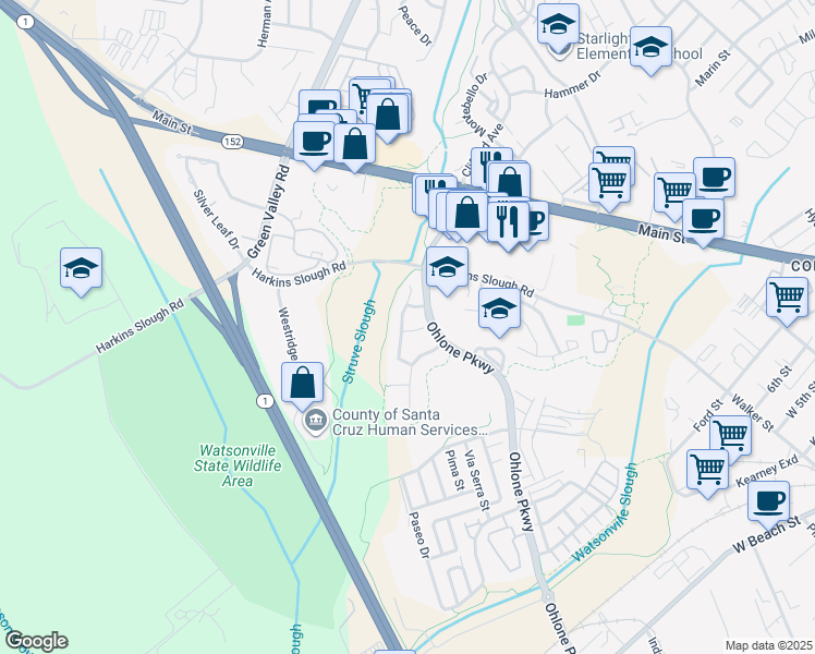 map of restaurants, bars, coffee shops, grocery stores, and more near 52 Pelican Drive in Watsonville