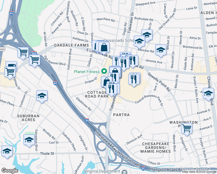 map of restaurants, bars, coffee shops, grocery stores, and more near 7515 Pennington Road in Norfolk