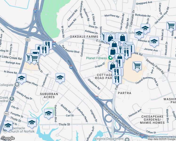 map of restaurants, bars, coffee shops, grocery stores, and more near 413 Draper Drive in Norfolk