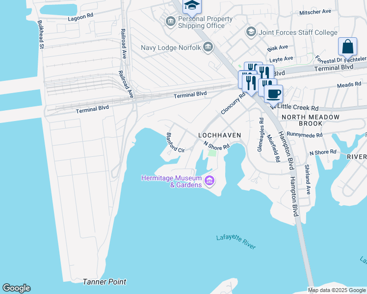 map of restaurants, bars, coffee shops, grocery stores, and more near 1530 Blanford Circle in Norfolk