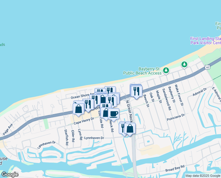 map of restaurants, bars, coffee shops, grocery stores, and more near 2830 Shore Drive in Virginia Beach