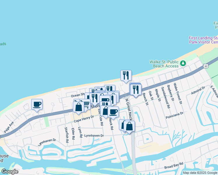 map of restaurants, bars, coffee shops, grocery stores, and more near 2830 Shore Drive in Virginia Beach