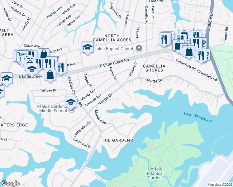 map of restaurants, bars, coffee shops, grocery stores, and more near 2744 Heutte Drive in Norfolk