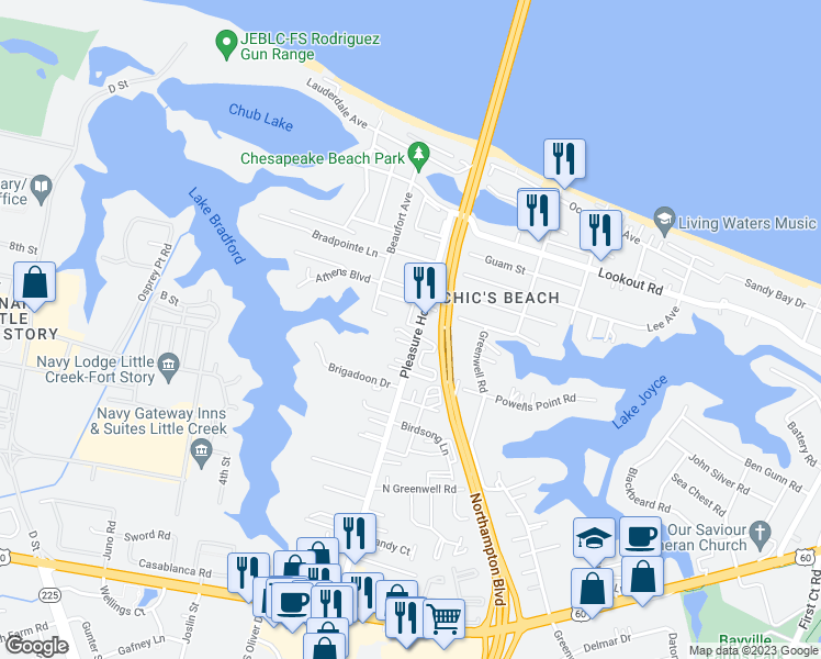 map of restaurants, bars, coffee shops, grocery stores, and more near 4801 Machen Avenue in Virginia Beach